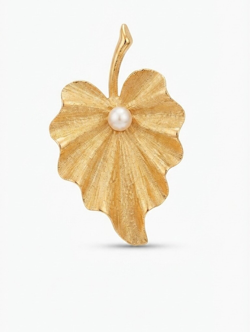 Vintage Unsigned Gold Tone Leaf Brooch Pin with Pearl, Mid Century Faux Pearl Bo